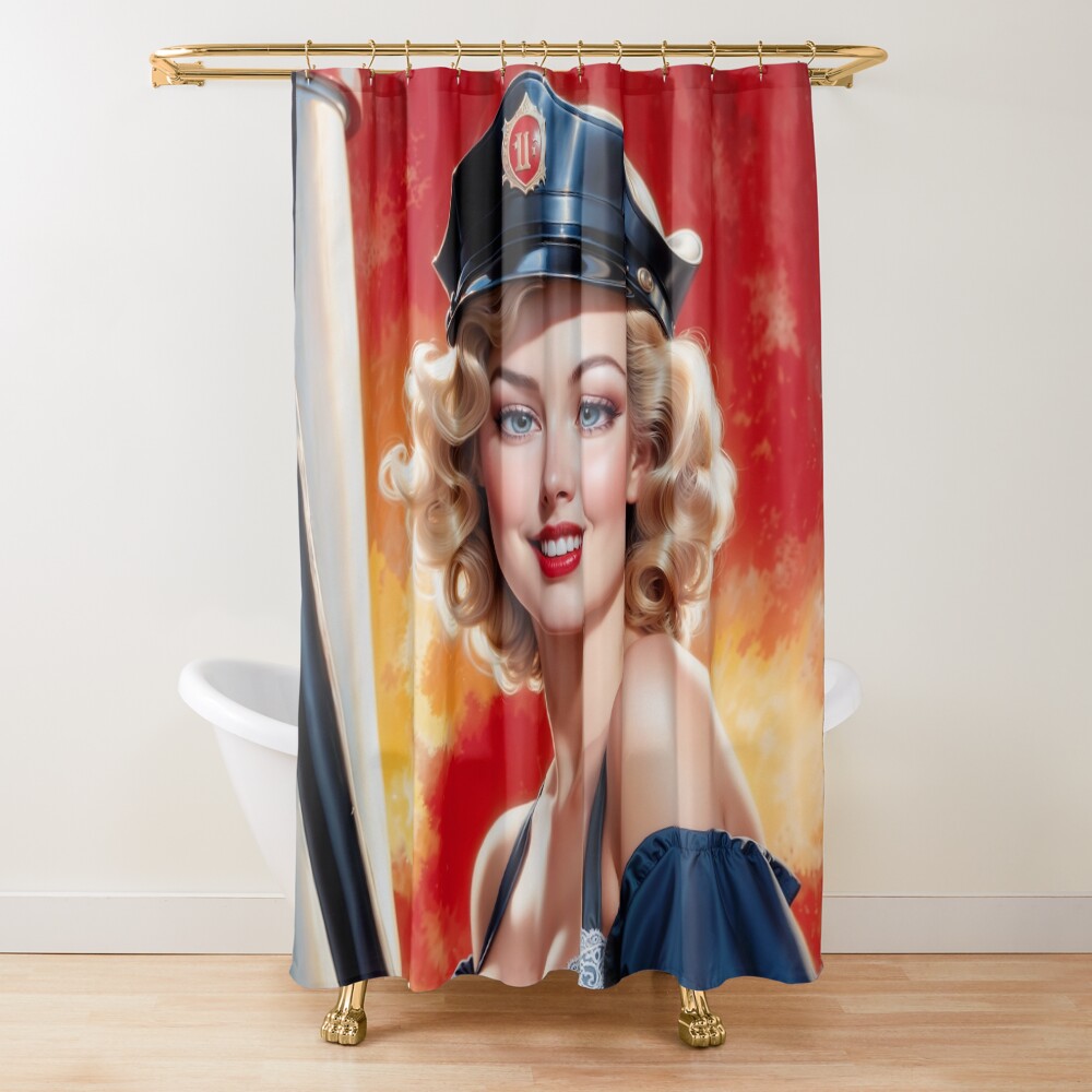 Classic Police Pin-Up Xanthea Romelia Illustrative Portrait Fascinating AI Concept Art by Xzendor7 Decorative Art Print Shower Curtain