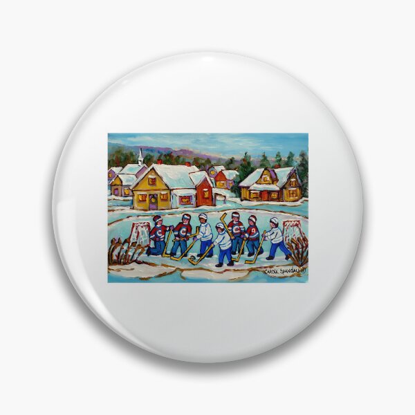 Item preview, Hockey Sticks At Village Ice Rink Country Hockey Game Canadian Winter Scene Painting designed and sold by abe-lingram.