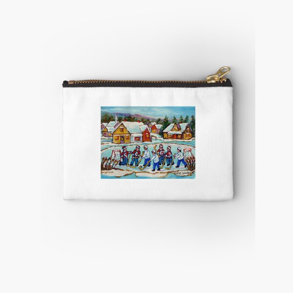 Item preview, Hockey Sticks At Village Ice Rink Country Hockey Game Canadian Winter Scene Painting designed and sold by abe-lingram.