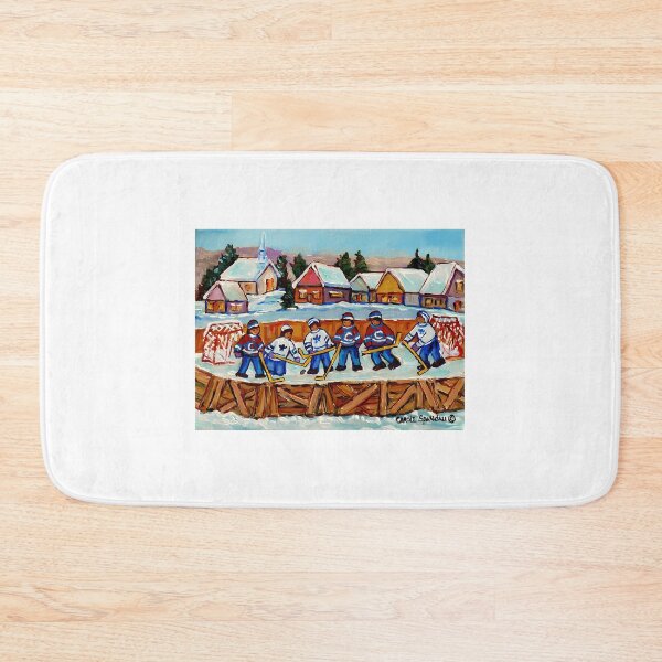 Item preview, Country Rink Hockey Game Quebec Laurentian Village Scene Canadian Winter Art designed and sold by abe-lingram.