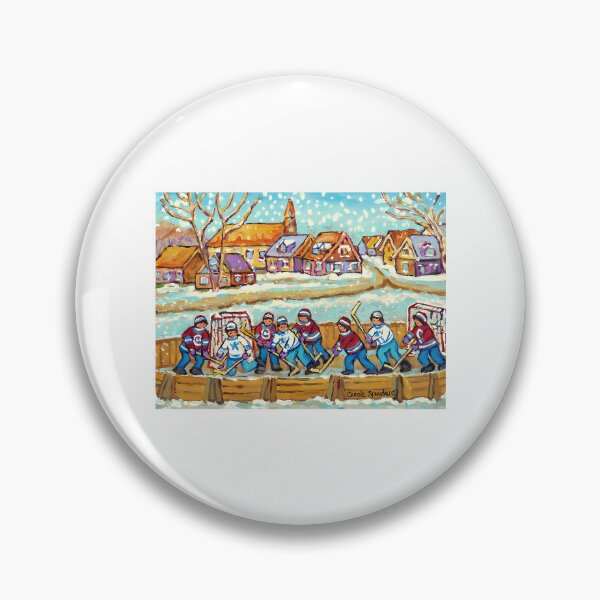 Item preview, Hockey Sticks At Village Ice Rink Country Hockey Game Canadian Winter Scene Painting designed and sold by abe-lingram.