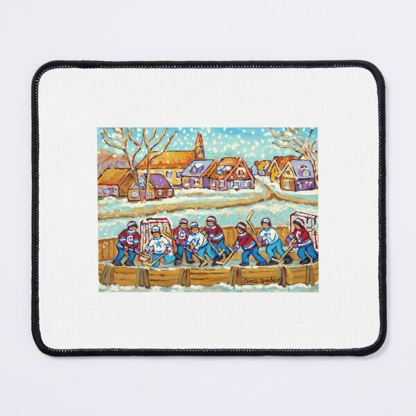 Item preview, Hockey Sticks At Village Ice Rink Country Hockey Game Canadian Winter Scene Painting designed and sold by abe-lingram.