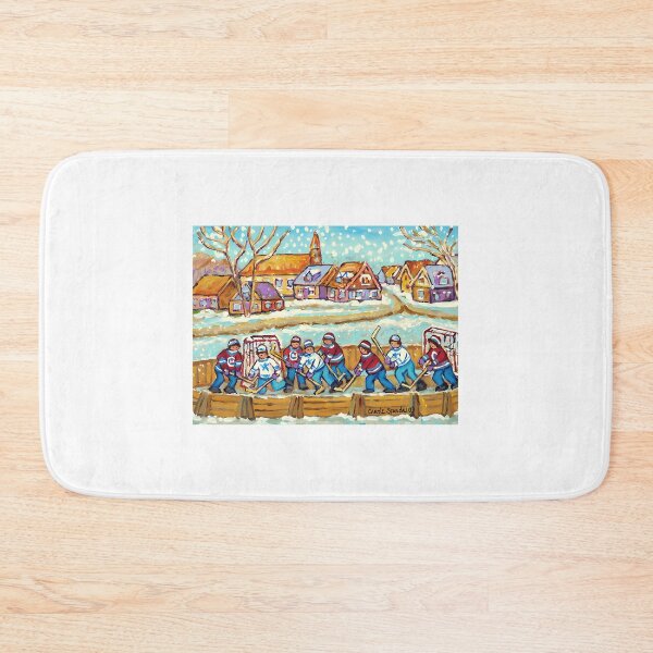 Item preview, Hockey Sticks At Village Ice Rink Country Hockey Game Canadian Winter Scene Painting designed and sold by abe-lingram.
