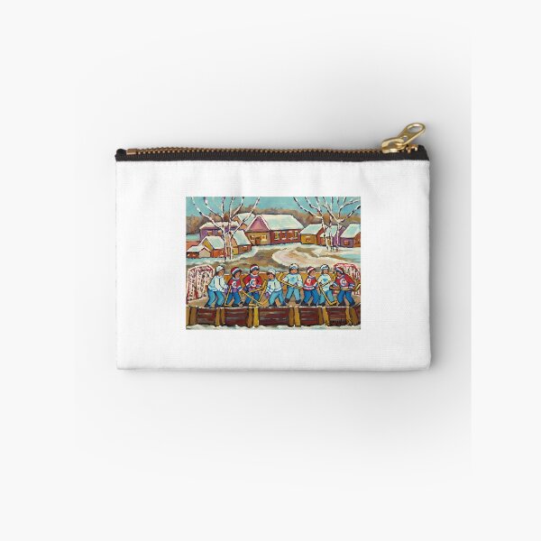 Item preview, Hockey Sticks At Village Ice Rink Country Hockey Game Canadian Winter Scene Painting designed and sold by abe-lingram.
