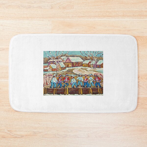 Item preview, Hockey Sticks At Village Ice Rink Country Hockey Game Canadian Winter Scene Painting designed and sold by abe-lingram.