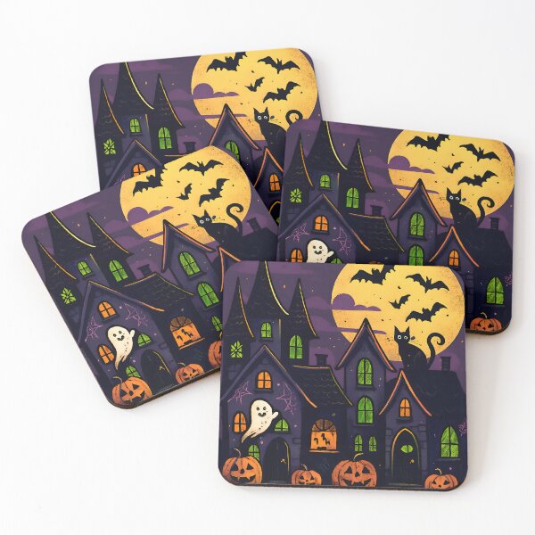 Item preview, Spooky Haunted Houses Under Full Moon with Pumpkins, Ghost, Cat and Bats  designed and sold by PandaTShirtShop.