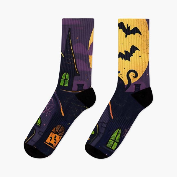 Item preview, Spooky Haunted Houses Under Full Moon with Pumpkins, Ghost, Cat and Bats  designed and sold by PandaTShirtShop.