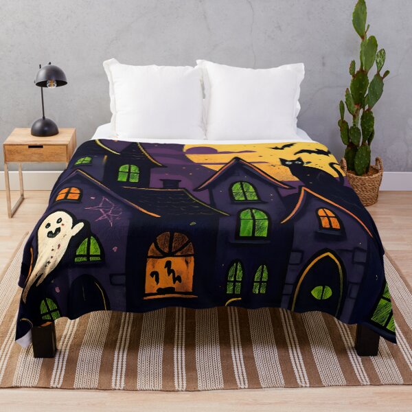 Item preview, Spooky Haunted Houses Under Full Moon with Pumpkins, Ghost, Cat and Bats designed and sold by PandaTShirtShop.