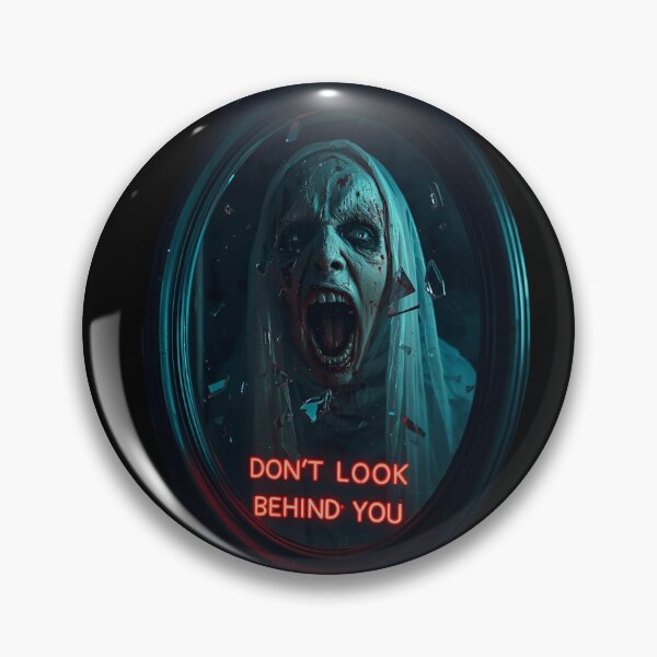 Item preview, Creepy haunted mirror showing a ghostly face screaming inside, shards of glass floating, text Don’t Look Behind You 4 designed and sold by Neon G.