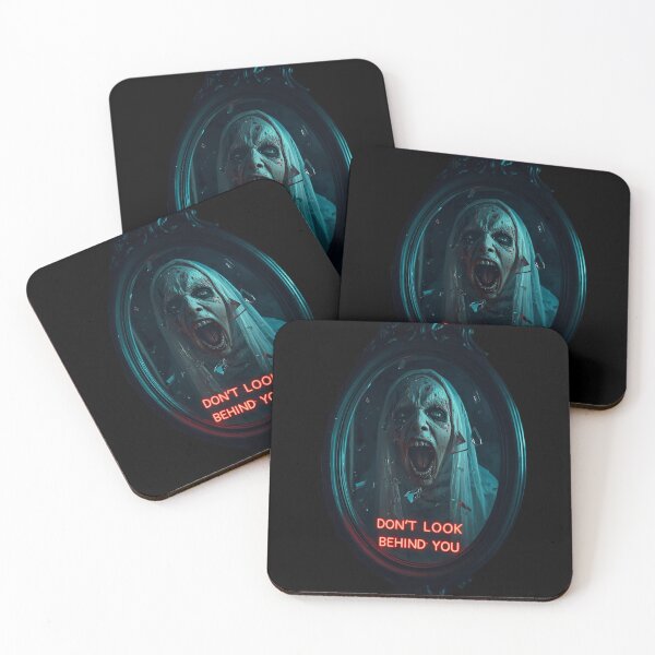 Item preview, Creepy haunted mirror showing a ghostly face screaming inside, shards of glass floating, text Don’t Look Behind You 4 designed and sold by Neon G.