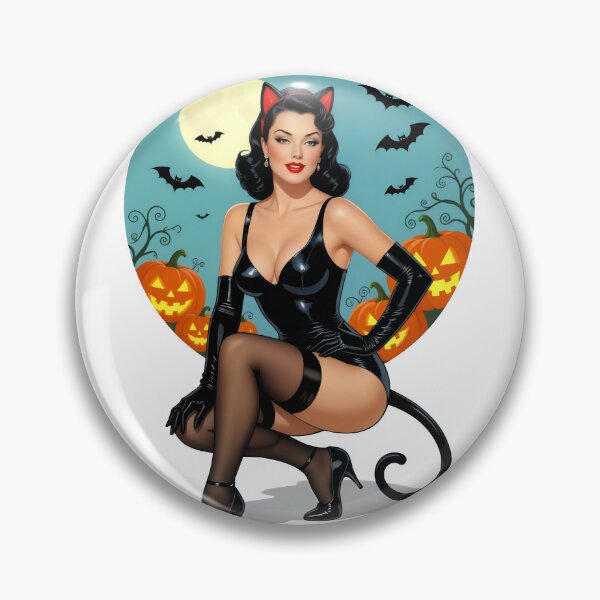 Item preview, Vintage Style Black Cat Halloween Pin-Up designed and sold by Lightning-Lace.