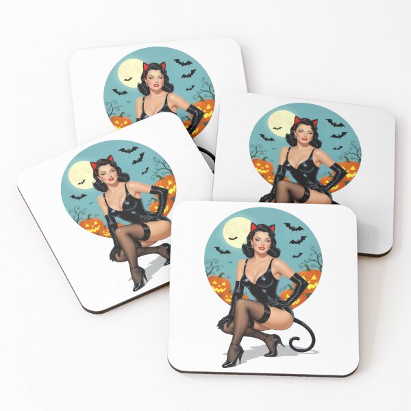 Item preview, Vintage Style Black Cat Halloween Pin-Up designed and sold by Lightning-Lace.