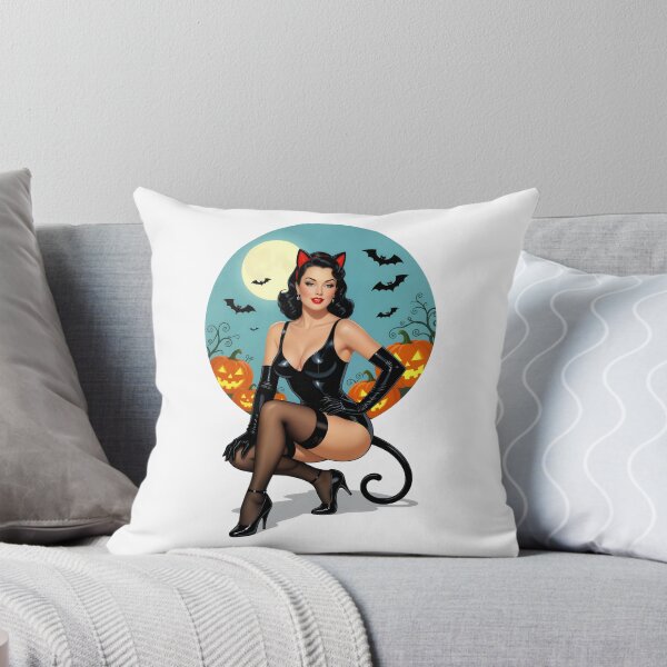 Item preview, Vintage Style Black Cat Halloween Pin-Up designed and sold by Lightning-Lace.