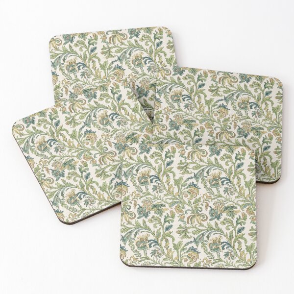 Item preview, Seamless pattern of curved stems with leaves and flowers in shades of green, blue, and yellow designed and sold by HolmeProud.