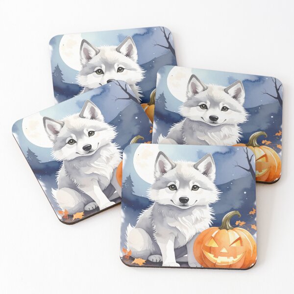 Item preview, Halloween young wolf with night sky, pumpkins and bats watercolor designed and sold by LiskoDesign.