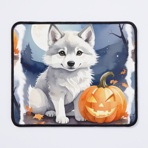 Item preview, Halloween young wolf with night sky, pumpkins and bats watercolor designed and sold by LiskoDesign.