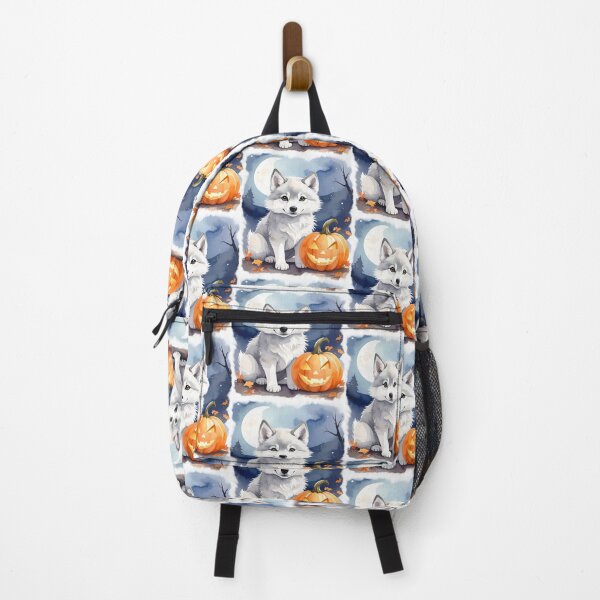 Item preview, Halloween young wolf with night sky, pumpkins and bats watercolor designed and sold by LiskoDesign.