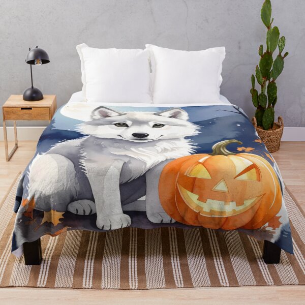 Item preview, Halloween young wolf with night sky, pumpkins and bats watercolor designed and sold by LiskoDesign.