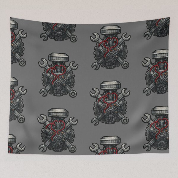 Item preview, Embroidered engine with red keys and cables designed and sold by Ahau Designs.