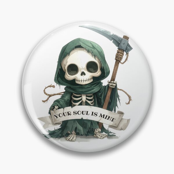 Item preview, Skeleton with banner "your soul is mine", green cape, Grim Reaper designed and sold by LiskoDesign.