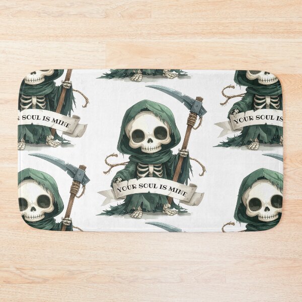Item preview, Skeleton with banner "your soul is mine", green cape, Grim Reaper designed and sold by LiskoDesign.