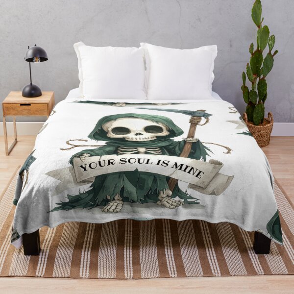 Item preview, Skeleton with banner "your soul is mine", green cape, Grim Reaper designed and sold by LiskoDesign.