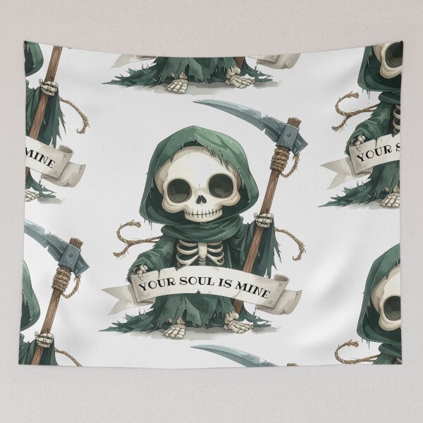 Item preview, Skeleton with banner "your soul is mine", green cape, Grim Reaper designed and sold by LiskoDesign.