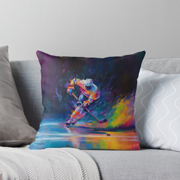 Aperçu de l'œuvre Représentation abstraite d'un joueur de hockey sur glace tirant avec des couleurs vives Art inspiré des activités de plein air actives créée et vendue par CDC40.