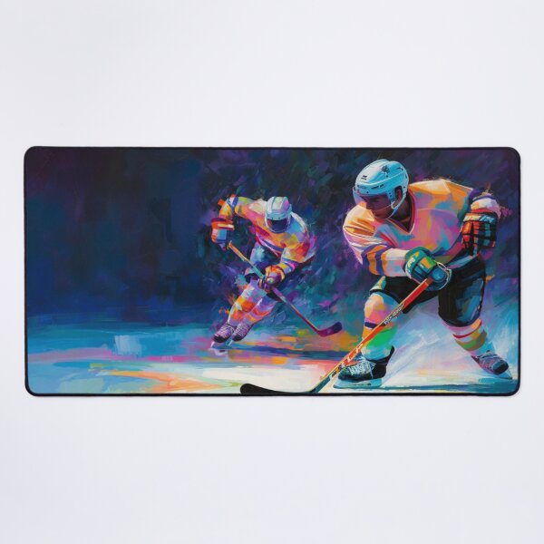 Aperçu de l'œuvre Représentation abstraite d'un joueur de hockey sur glace tirant avec des couleurs vives Art inspiré des activités de plein air actives créée et vendue par CDC40.