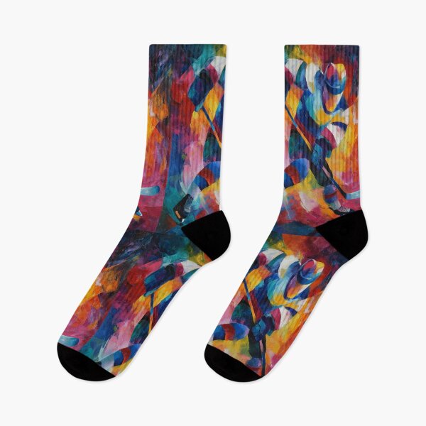 Item preview, Abstract depiction of an ice hockey player shooting with vibrant colours Active Outdoors Inspired Art designed and sold by CDC40.