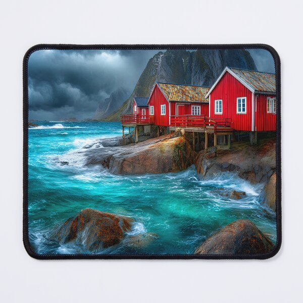 Item preview, Stunning Red Cabins on Rocky Shoreline with Waves designed and sold by Artessie.