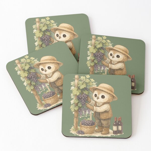 Item preview, Owl farmer harvesting grapes watercolor art designed and sold by BigBlueArt.