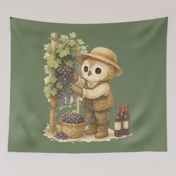 Item preview, Owl farmer harvesting grapes watercolor art designed and sold by BigBlueArt.