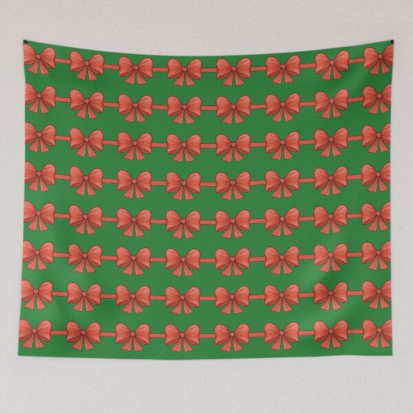 Item preview, Many red bows on ribbons on a dark green background designed and sold by Cherevan.