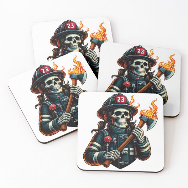 Artikelvorschau, Weibliches Skelett-Feuerwehrmann-Aufkleber | Feuerwehrmann-Totenkopf mit Axt | Gestanzter Vinyl-Aufkleber entworfen und verkauft von BrinaandPops.