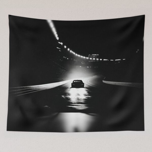 Item preview, Monochrome silhouette of a NASCAR car against a neon-lit track Art Inspired By Nature And The Active Outdoors designed and sold by CDC40.