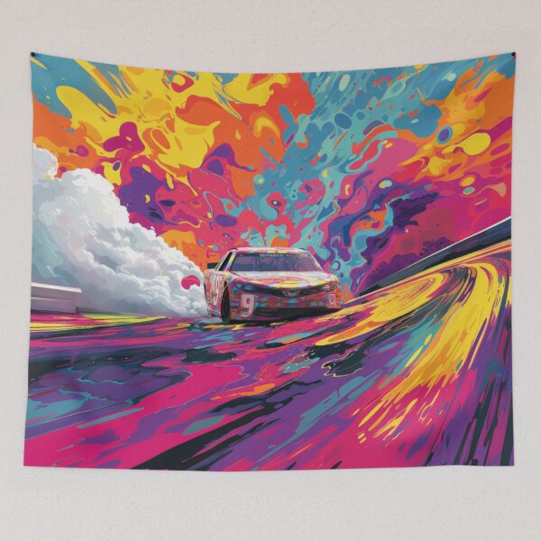 Item preview, Psychedelic twist on a NASCAR scene with bold colours and abstract shapes Art Inspired By Nature And The Active Outdoors designed and sold by CDC40.