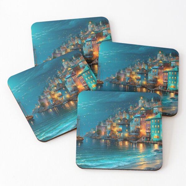Item preview, Charming Nighttime Coastal Town with Bright Lights designed and sold by Artessie.