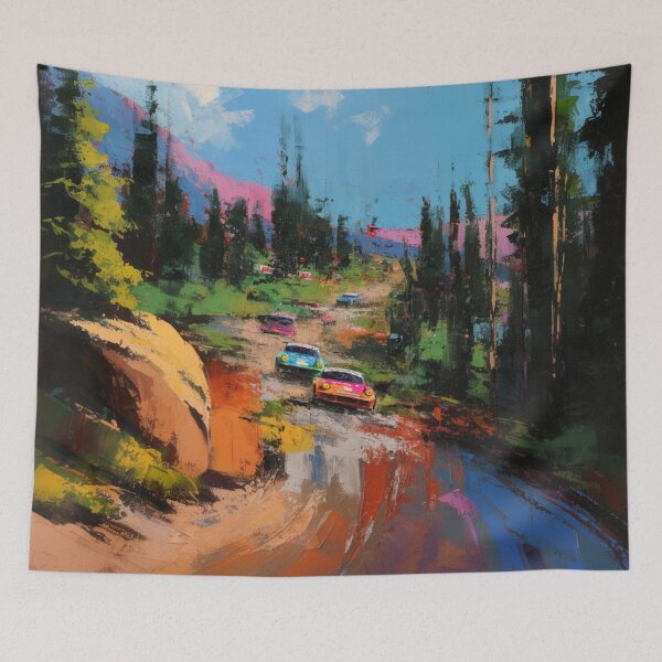 Item preview, Abstract depiction of rally cars racing through rough terrain with vibrant colours Art Inspired By Nature And The Active Outdoors designed and sold by CDC40.