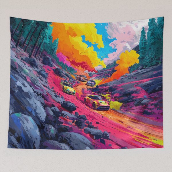 Item preview, Abstract depiction of rally cars racing through rough terrain with vibrant colours Art Inspired By Nature And The Active Outdoors designed and sold by CDC40.