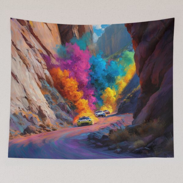 Item preview, Abstract depiction of rally cars racing through rough terrain with vibrant colours Art Inspired By Nature And The Active Outdoors designed and sold by CDC40.