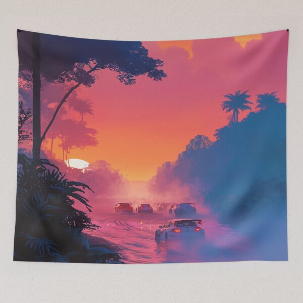 Item preview, Sunset gradient backdrop with rally cars in action Art Inspired By Nature And The Active Outdoors designed and sold by CDC40.