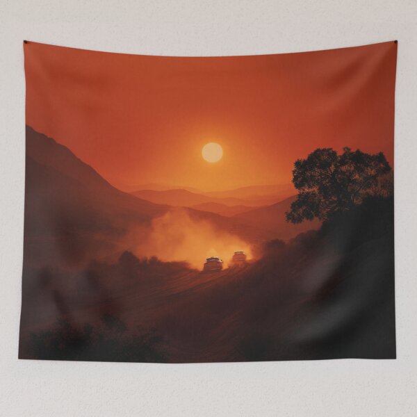 Item preview, Sunset gradient backdrop with rally cars in action Art Inspired By Nature And The Active Outdoors designed and sold by CDC40.
