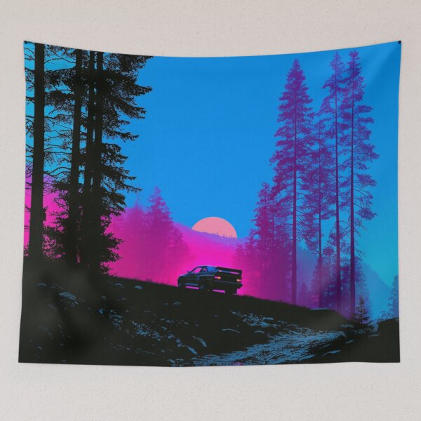 Item preview, Monochrome silhouette of a rally car against a neon-lit landscape Art Inspired By Nature And The Active Outdoors designed and sold by CDC40.