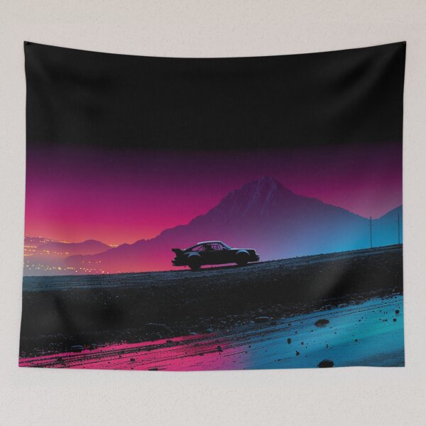 Item preview, Monochrome silhouette of a rally car against a neon-lit landscape Art Inspired By Nature And The Active Outdoors designed and sold by CDC40.