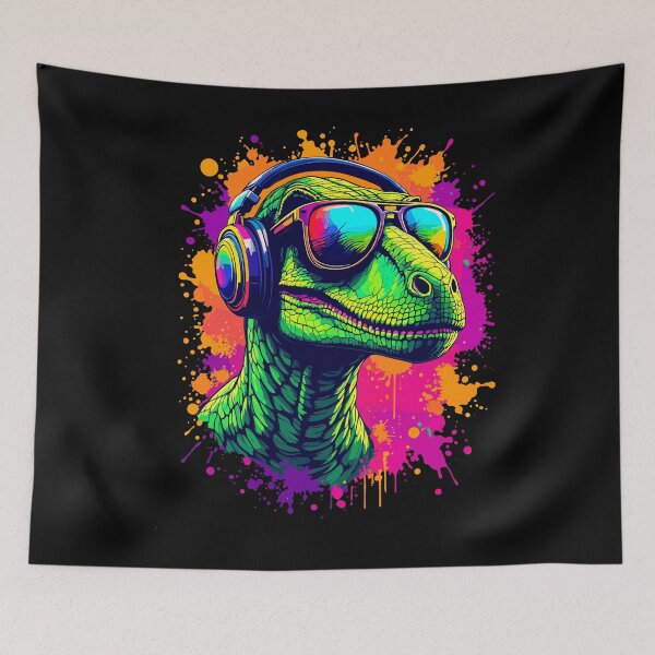 Item preview, Velociraptor DJ Dino Fans Neon Graffiti Style designed and sold by Svenniibee.