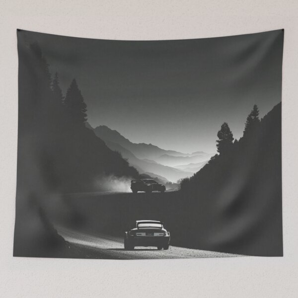 Item preview, Monochrome silhouette of a rally car against a neon-lit landscape Art Inspired By Nature And The Active Outdoors designed and sold by CDC40.