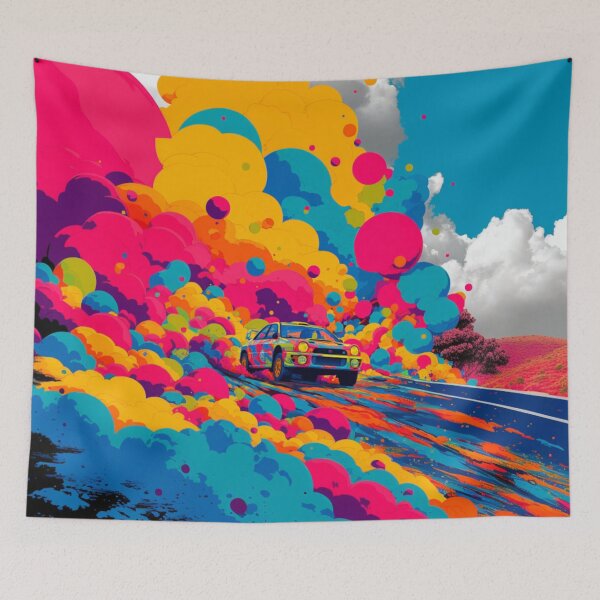 Item preview, Psychedelic twist on a rally car scene with bold colors and abstract shapes Art Inspired By Nature And The Active Outdoors designed and sold by CDC40.