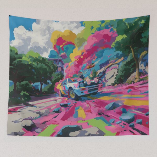 Item preview, Psychedelic twist on a rally car scene with bold colors and abstract shapes Art Inspired By Nature And The Active Outdoors designed and sold by CDC40.