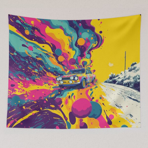 Item preview, Psychedelic twist on a rally car scene with bold colors and abstract shapes Art Inspired By Nature And The Active Outdoors designed and sold by CDC40.